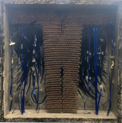 Armor and Amulets, 2018, 20" x 20" x 4", mixed media (acrylic on wood with copper and stainless steel chain mail and tin milagros)