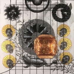 Reliquary Series: As the Morning Stars Sang, 2019, 12" x 12", mixed media (acrylic on panel with copper inset and relic)