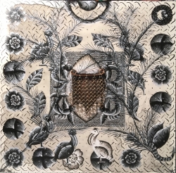 Reliquary Series: Bleeding Heart, 2019, 12" x 12", mixed media (acrylic on panel with copper and stainless steel chain mail)