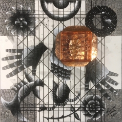 Reliquary Series: Falling, 2019, 12" x 12", mixed media (acrylic on panel with copper inset and relic)