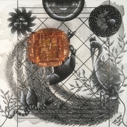 Reliquary Series: Firebird, 2019, 12" x 12", mixed media (acrylic on panel with copper inset and relic)