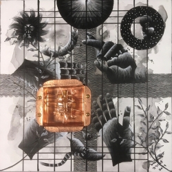 Reliquary Series: Greeting, 2019, 12" x 12", mixed media (acrylic on panel with copper inset and relic)